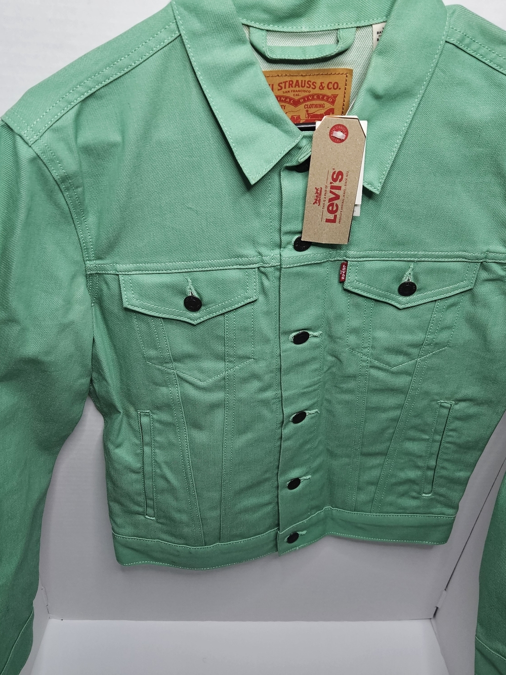 NWT Levi's Raw Unwashed Denim Trucker Jacket - Rare Mint Green Men Size S - Picture 1 of 7